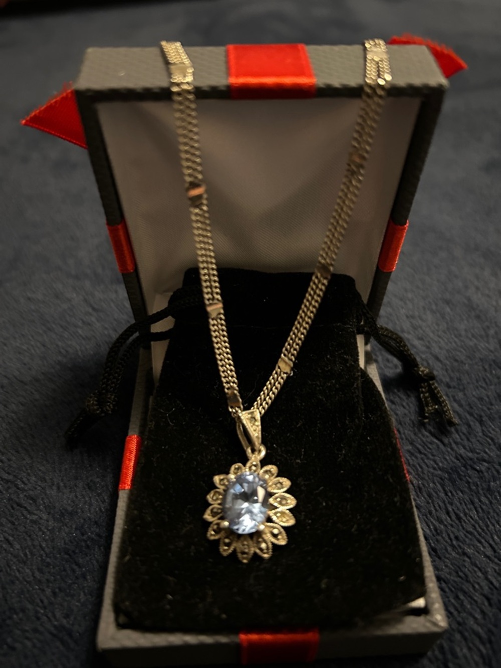 Vintage Sterling Silver Blue Topaz Floral Pendant Necklace - Women Jewelry